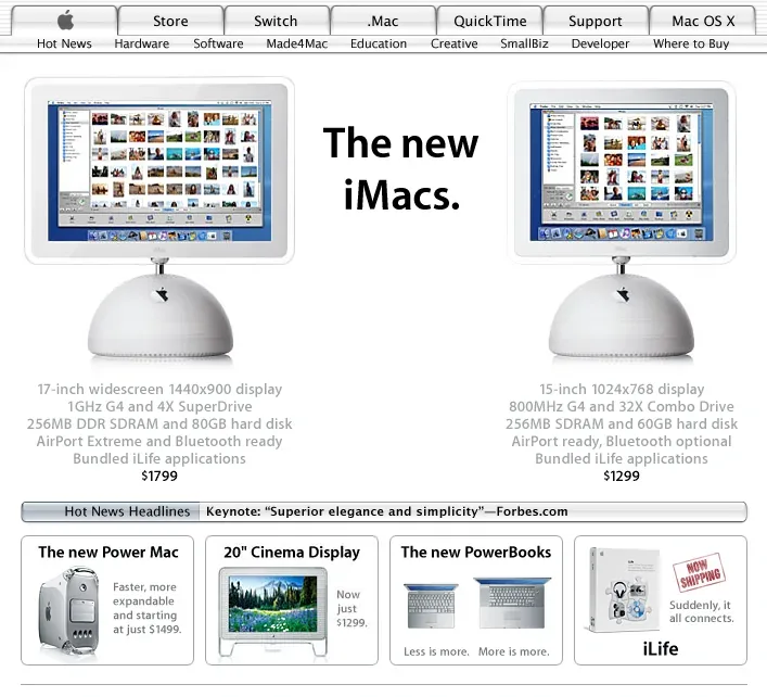 Apple.com circa 2003-2006 with clean white backgrounds and minimal navigation