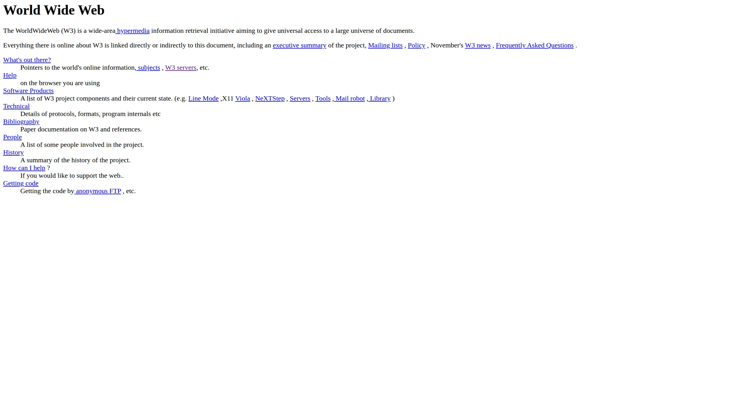 The first webpage at CERN by Tim Berners-Lee - plain HTML with no styling