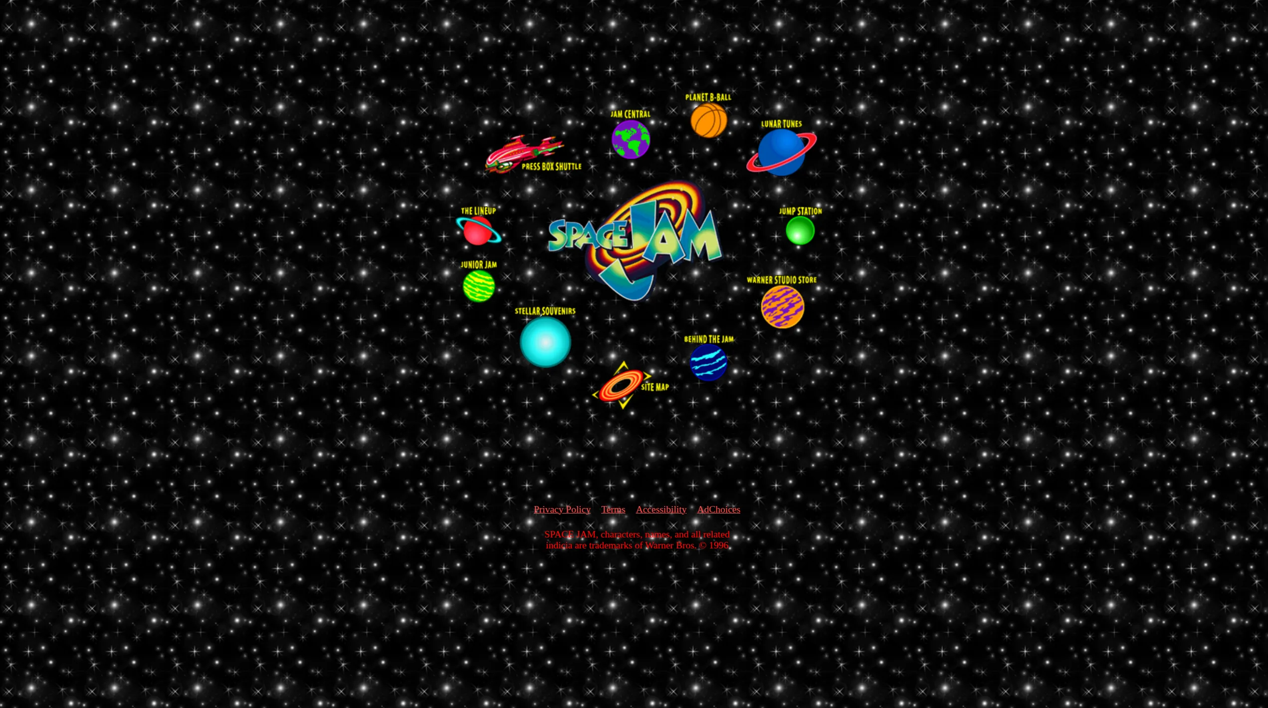 Original Space Jam 1996 website - tiled starfield background and image map navigation