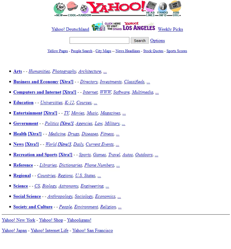 Yahoo 1996 - simple directory of blue hyperlinks organized by category