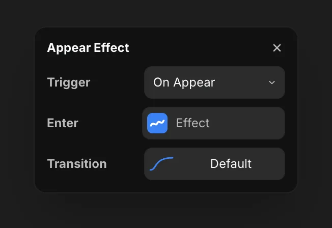 The Appear Effect popup with trigger, enter, and transition