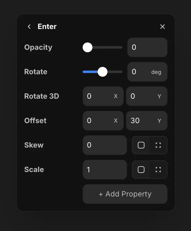 The Enter popup with the starting state values