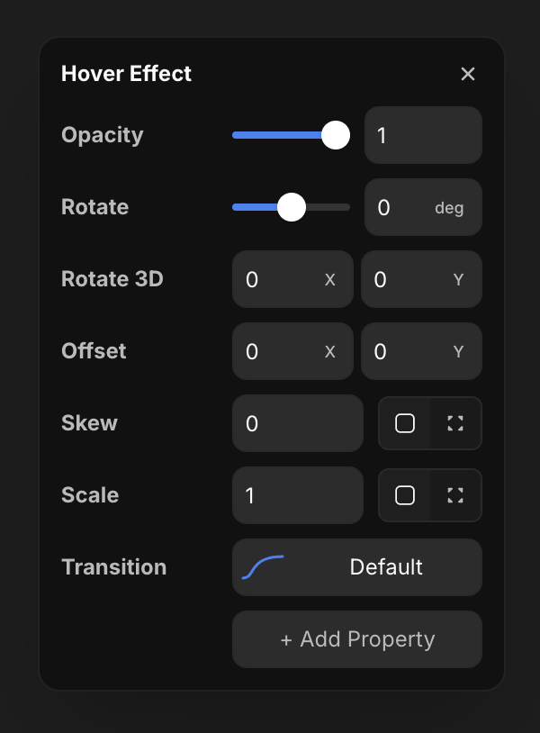 The Hover Effect popup with target style properties
