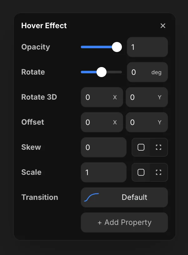 The Hover Effect popup with target style properties