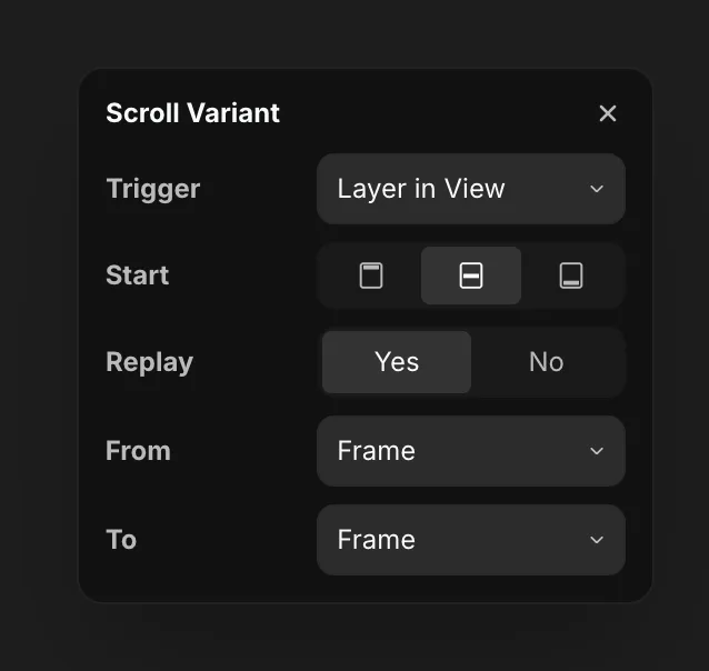 The Scroll Variant popup switching between component variants