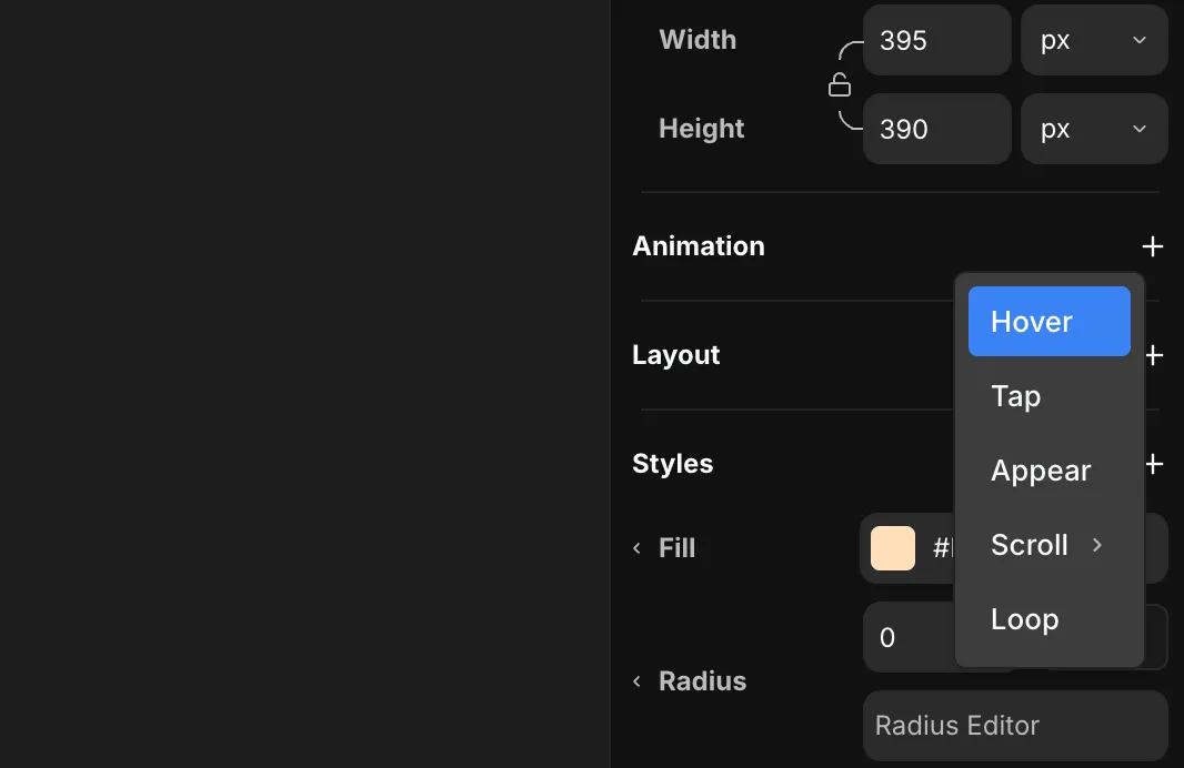 The Animation trigger menu with Hover highlighted