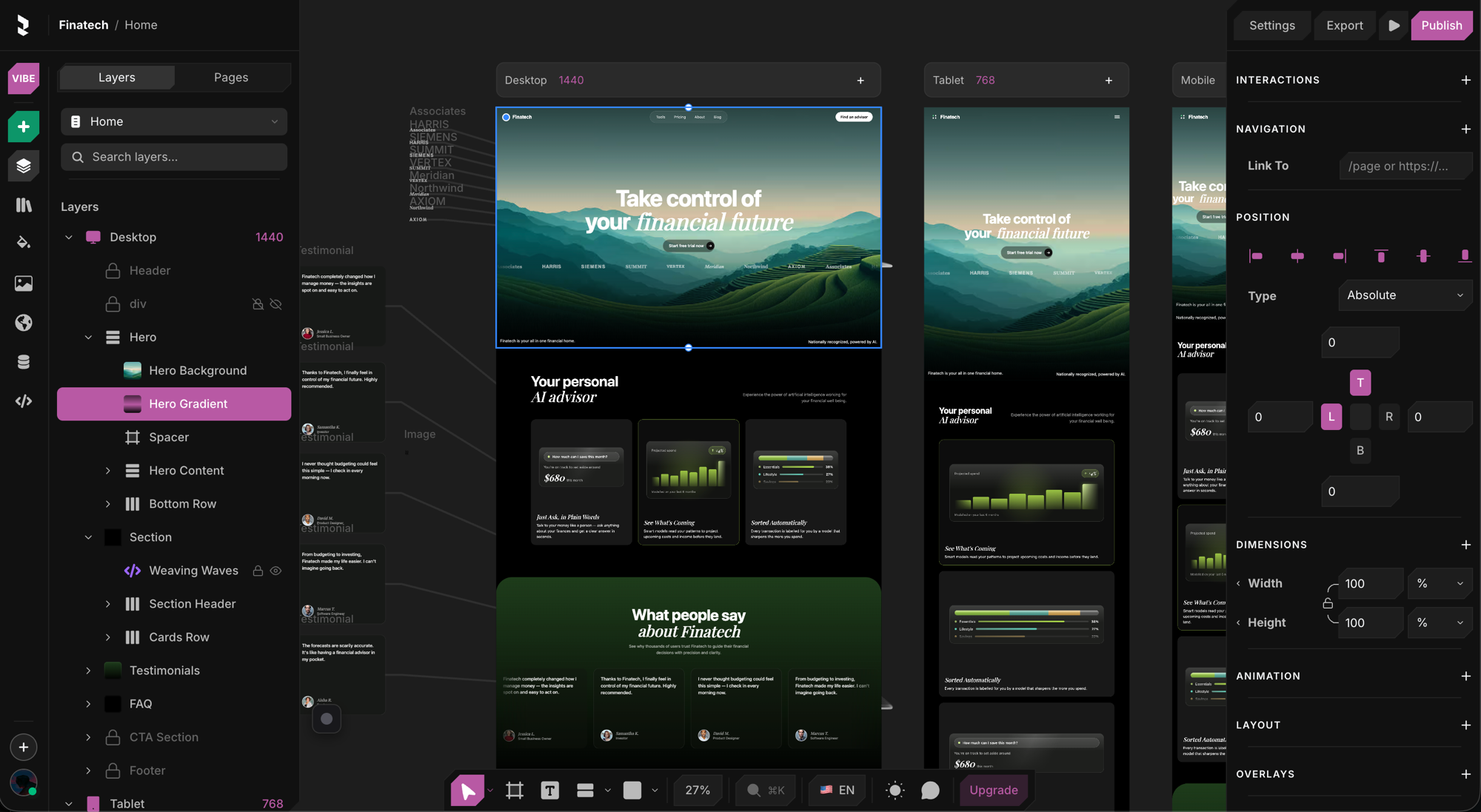 The Revyme builder - infinite canvas with the properties panel and layers tree