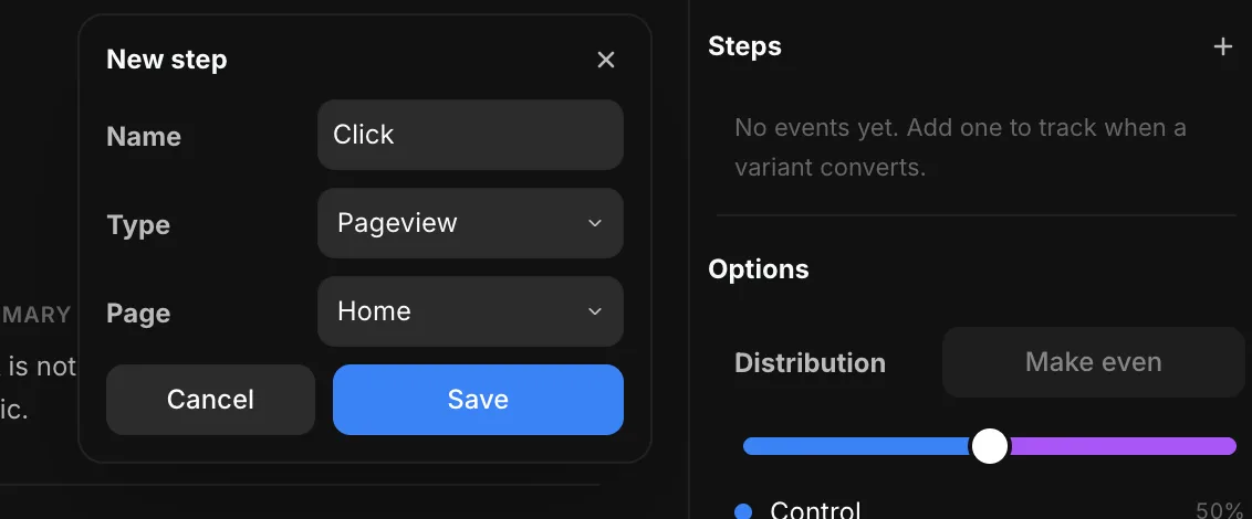 The New step dialog with Name, Type, and a target field — Type set to Pageview and Page set to Home