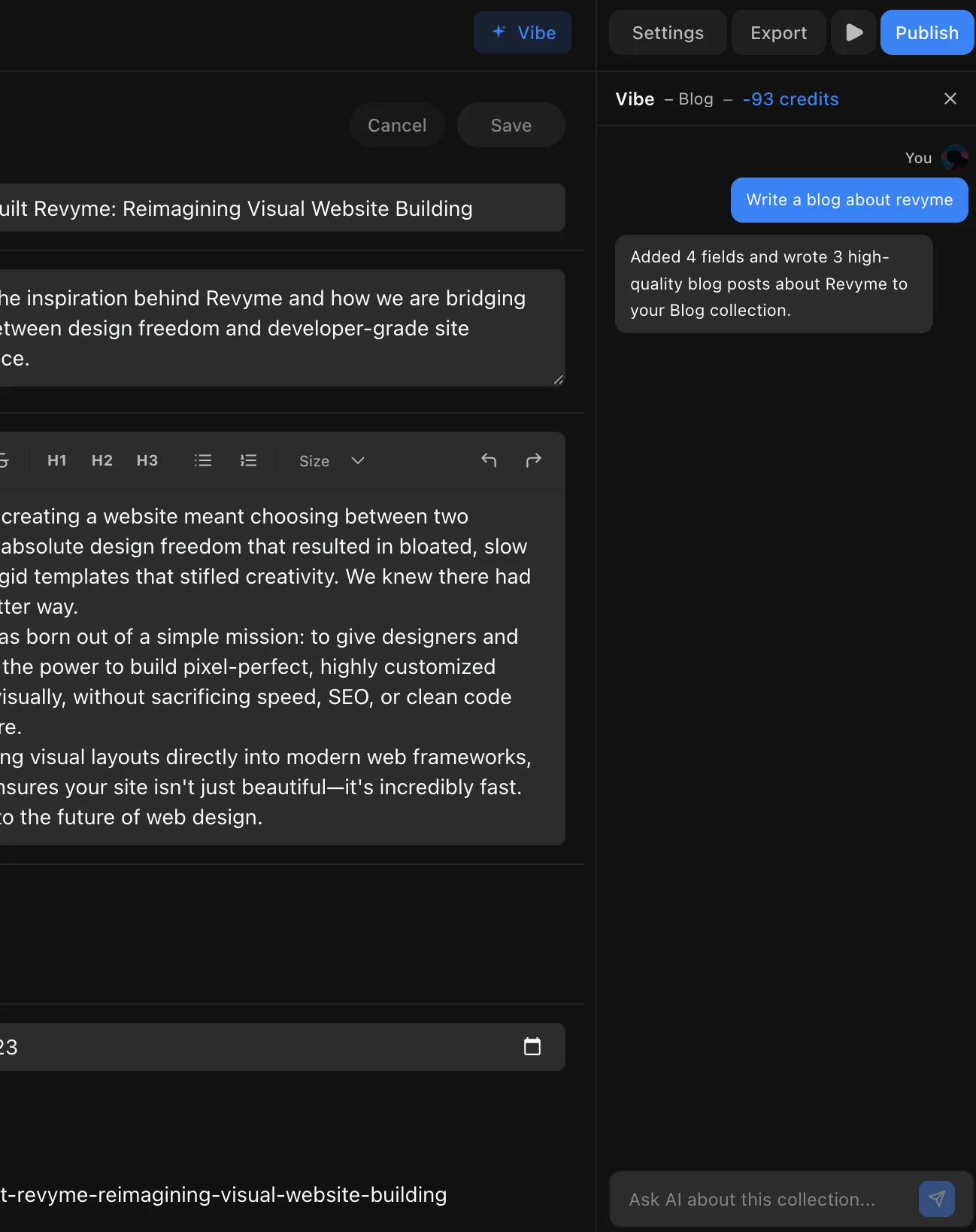 The CMS AI chat writing blog posts into a collection