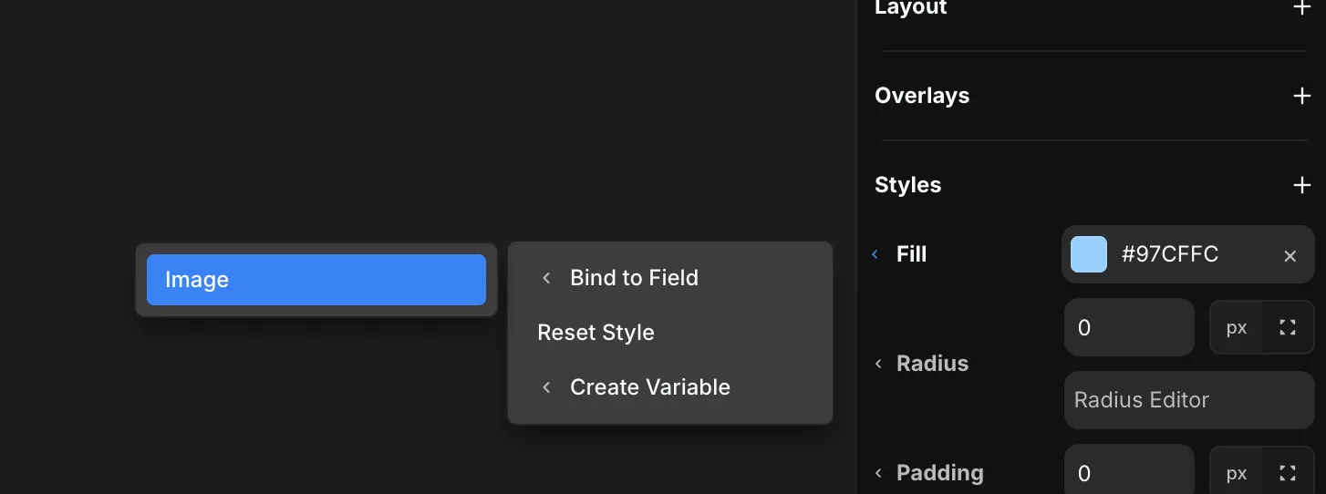 The Bind to Field menu binding a frame's Fill to an Image field