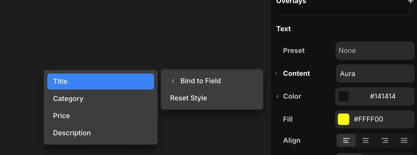 The Bind to Field menu binding a text element's Content to the Title field