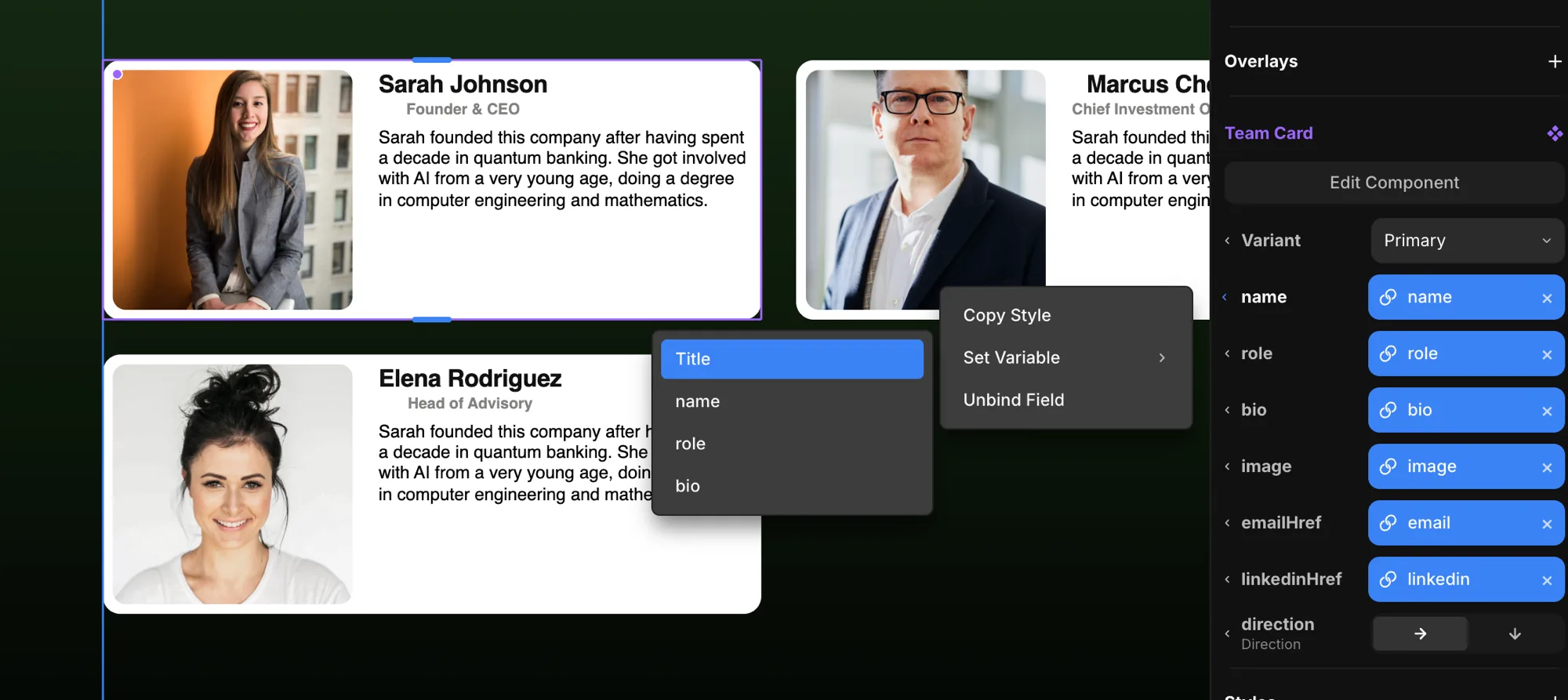 A Team Card component repeated across an advisors collection, with each of its props bound to a CMS field via the Set Variable menu