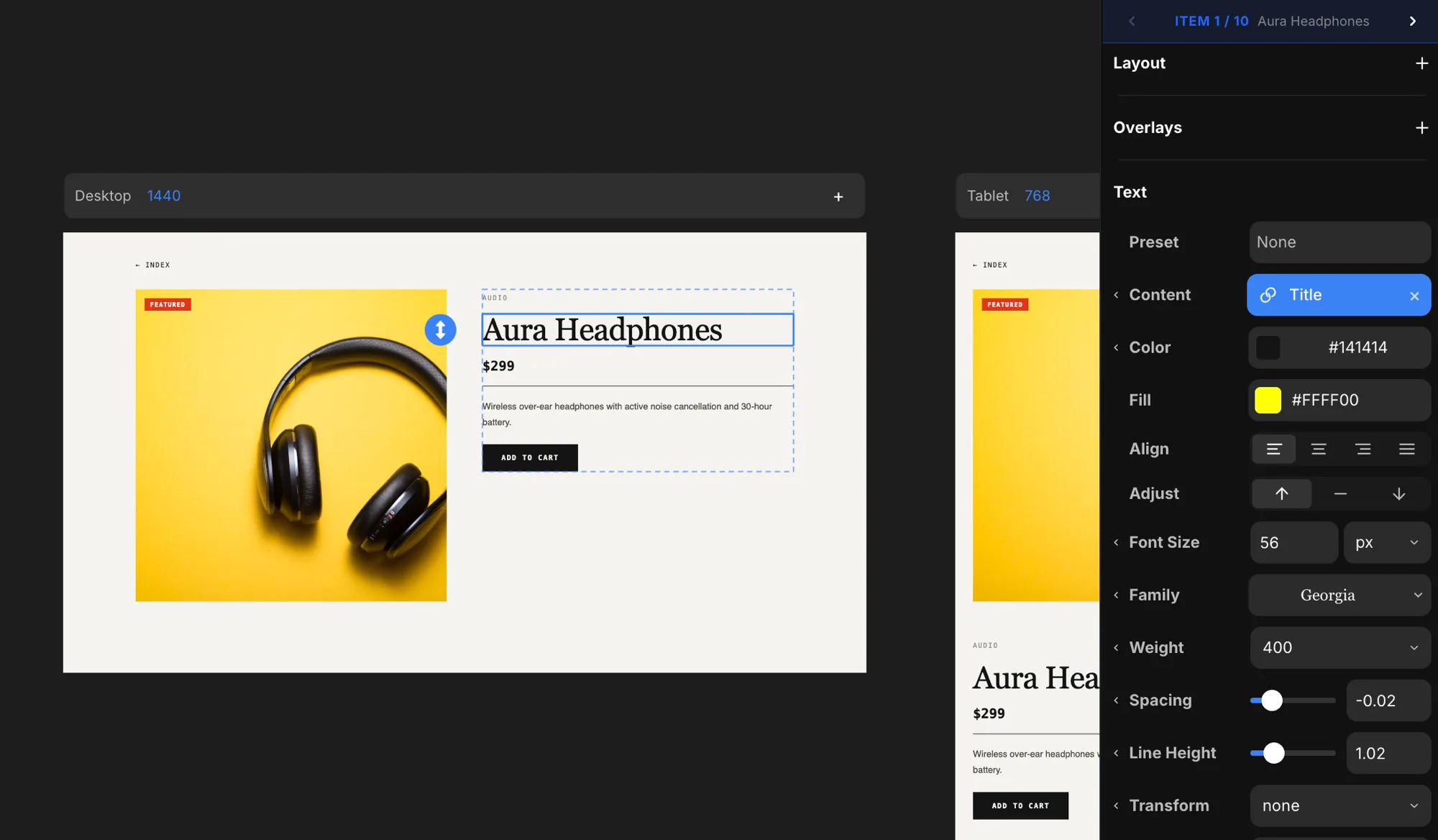 A CMS detail page bound to one item, with the Item 1 / 10 preview switcher