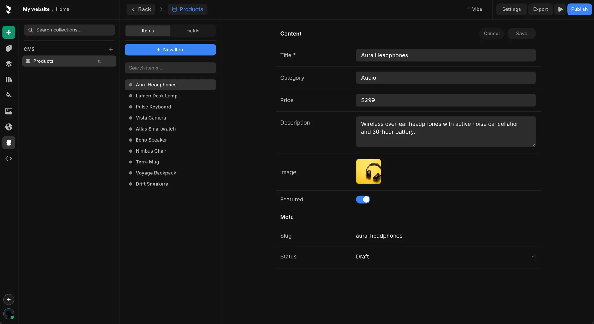 The CMS editor — an item's fields under Content, and Slug + Status under Meta