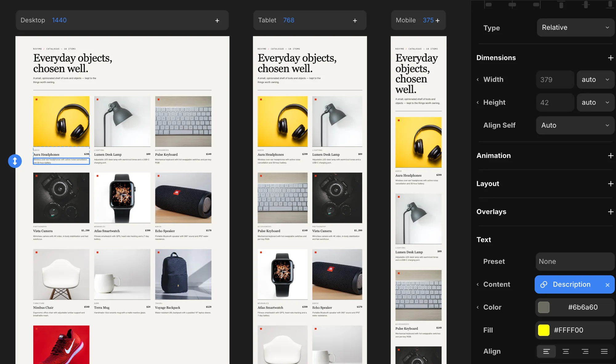 A CMS collection list — the same card repeated for every product across viewports