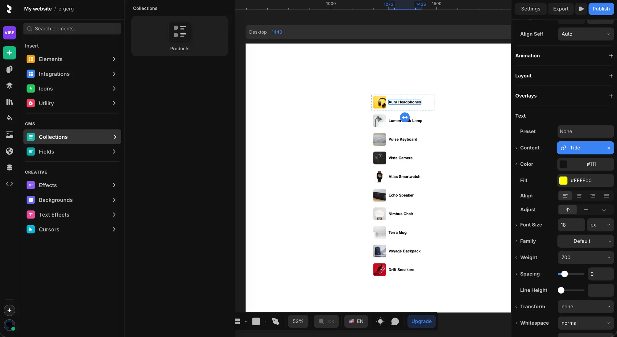 Insert → CMS → Collections, dropping a collection list onto a page