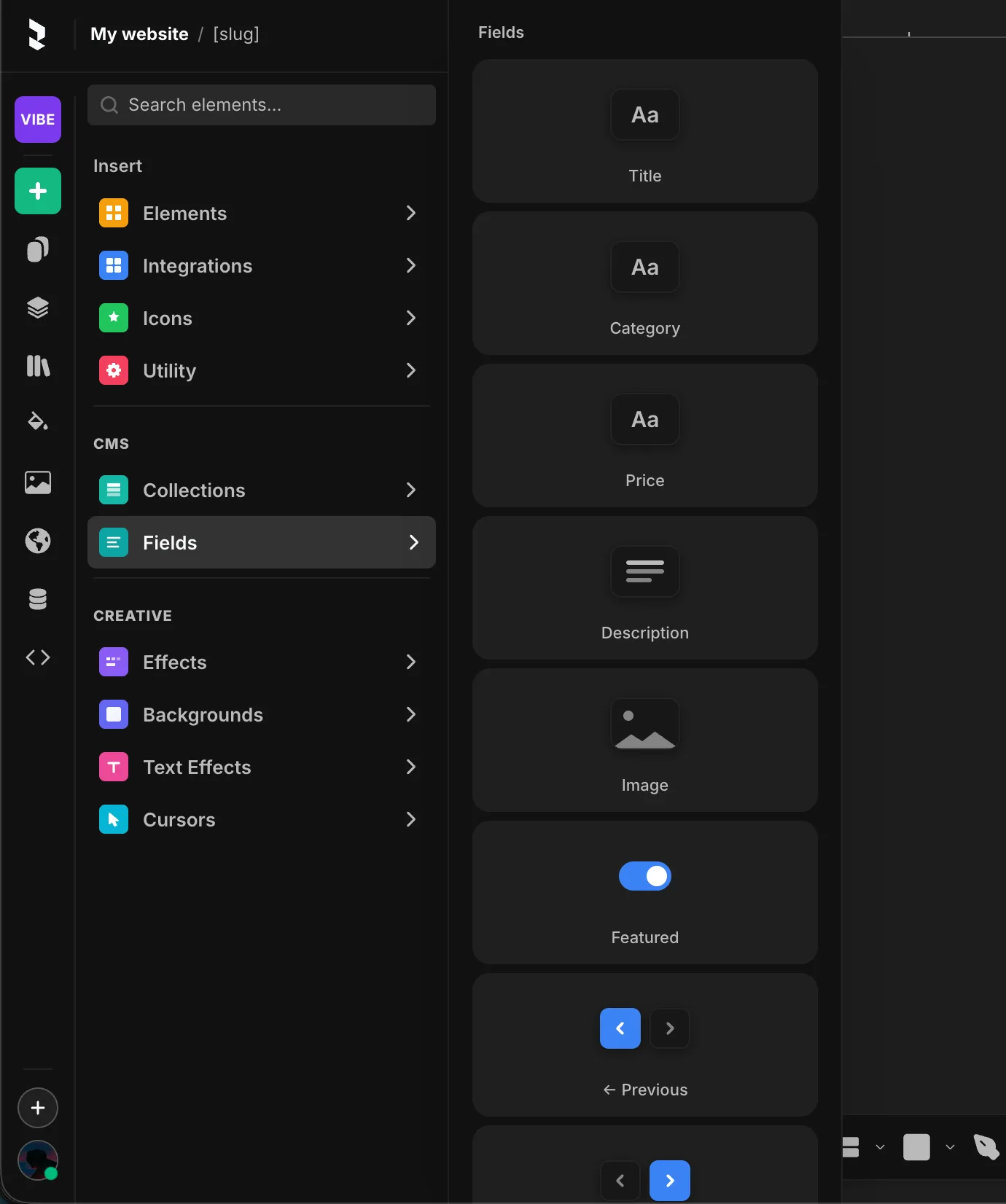 Insert → CMS → Fields on a detail page, showing each field as a draggable block