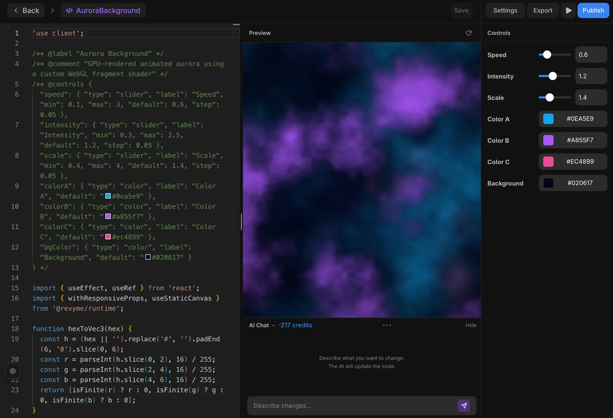 The code component editor with code, live preview, and controls