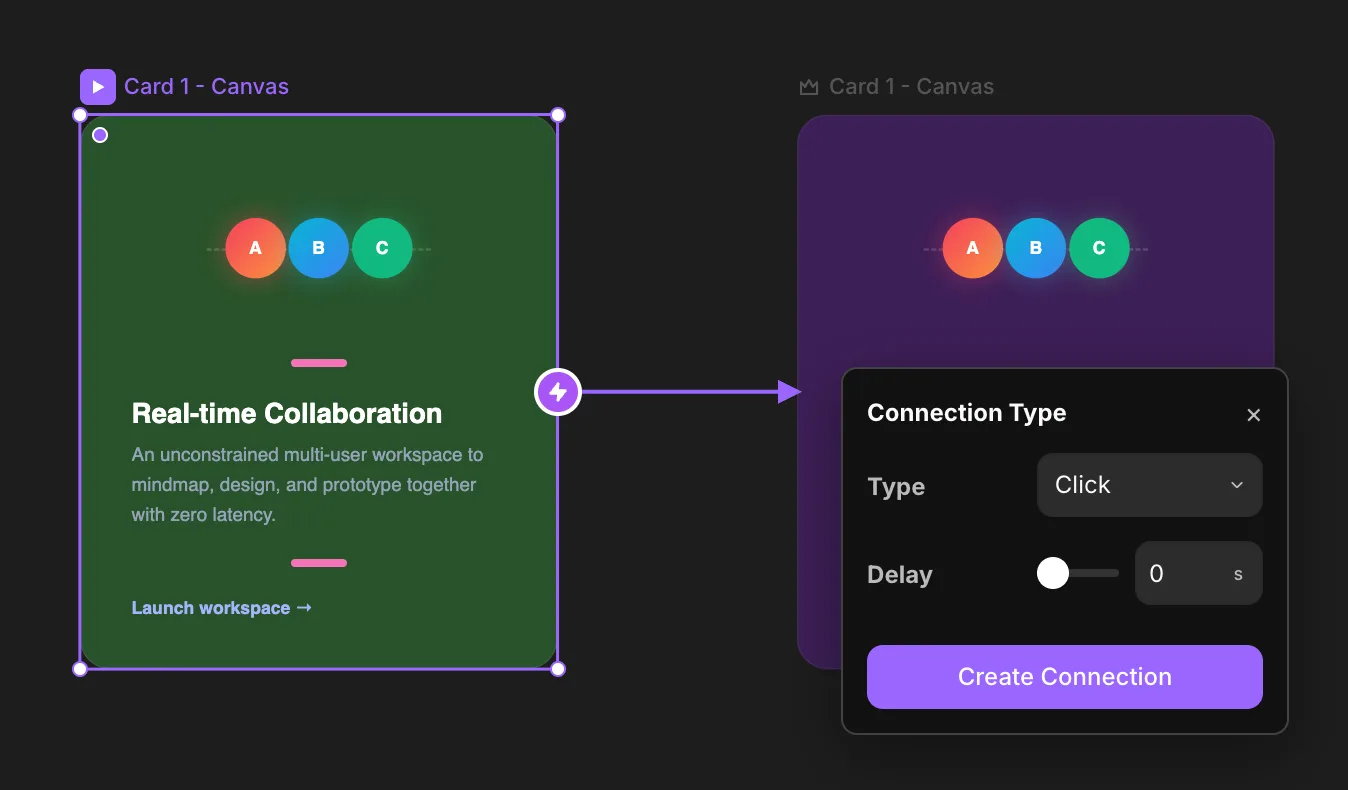 Dragging a connection between variants with the Connection Type popup