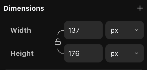 The Dimensions section with width and height controls