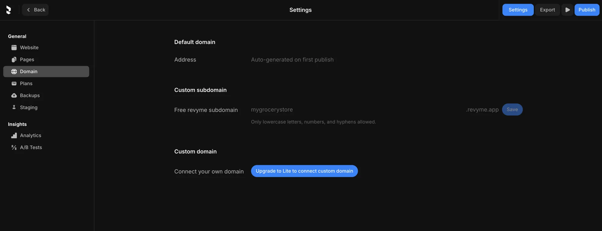 The Domain settings — default domain, custom subdomain, and custom domain