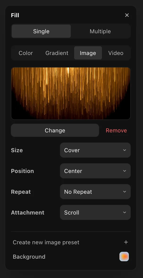 The Fill tool set to Image, with sizing options