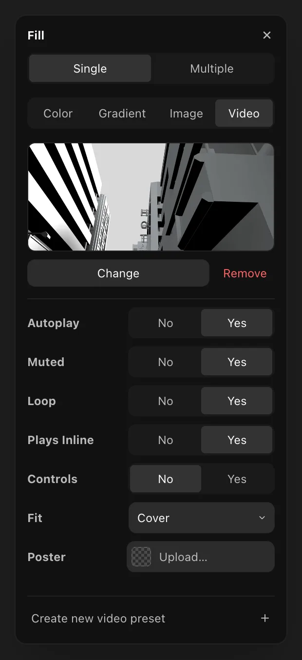 The Fill tool set to Video, with playback options