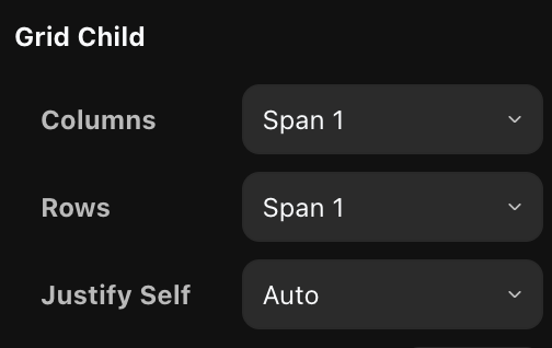The Grid Child controls in the Layout section