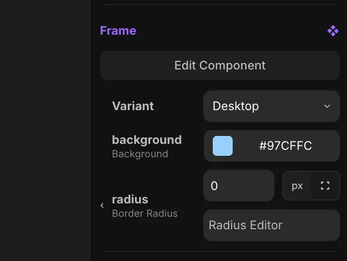 An instance's variables in the component tool