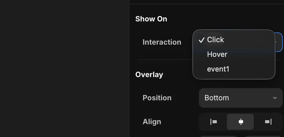 The Interaction dropdown showing the component's event in the list