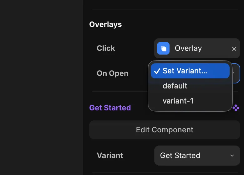 The On Open Set Variant option on an overlay attached to a component instance