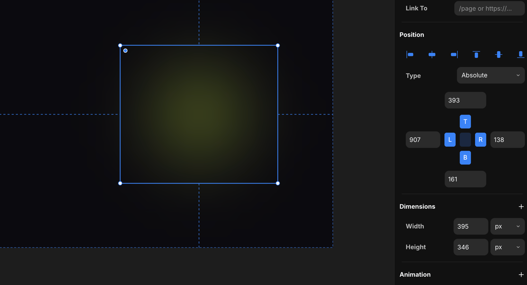 An absolute element with the Position panel and its pin guides on the canvas
