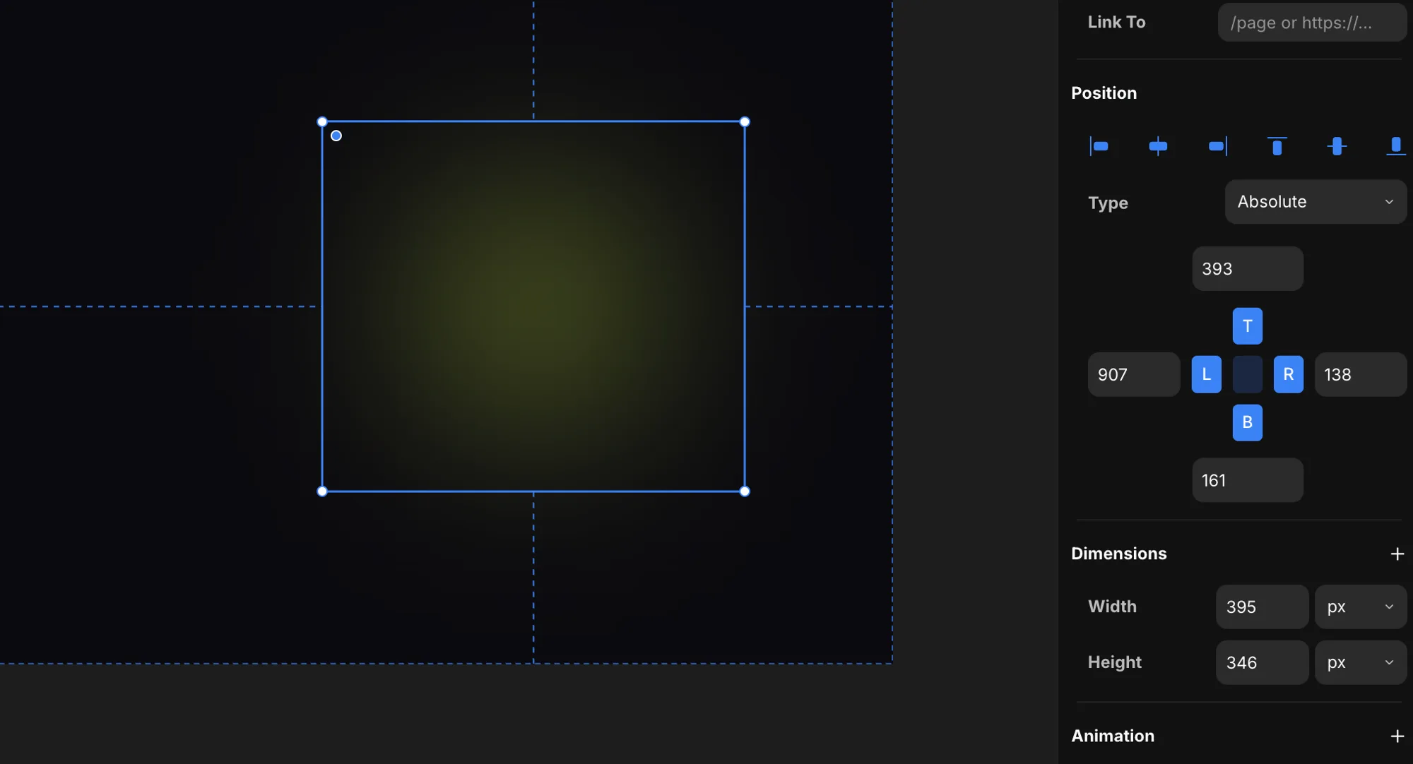 An absolute element with the Position panel and its pin guides on the canvas