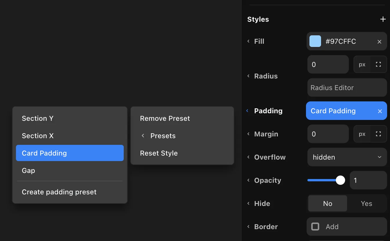 The presets menu opened from a control label