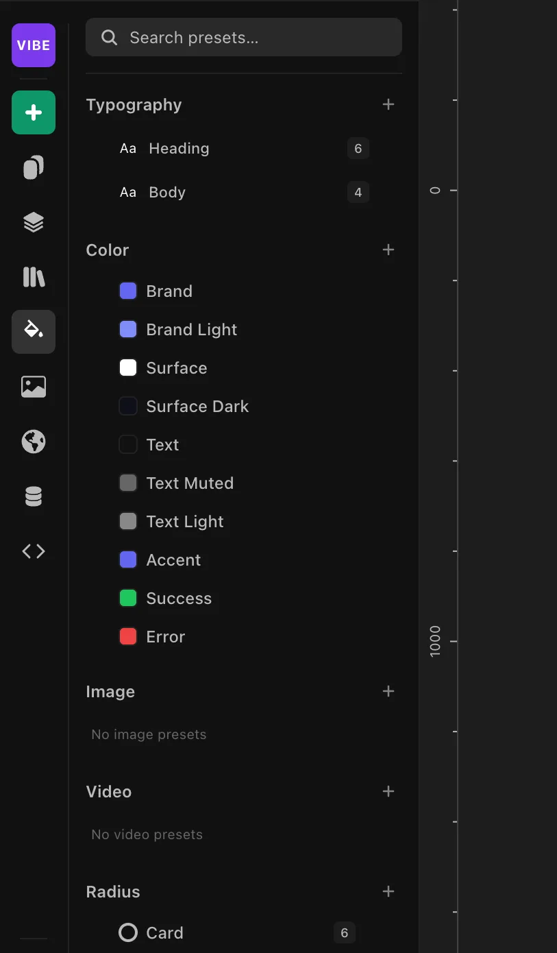 The Presets panel with typography, color, image, video, and radius tokens