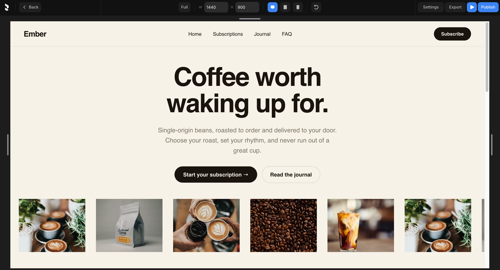 A site running in preview mode, with the Play button in the top-right toolbar