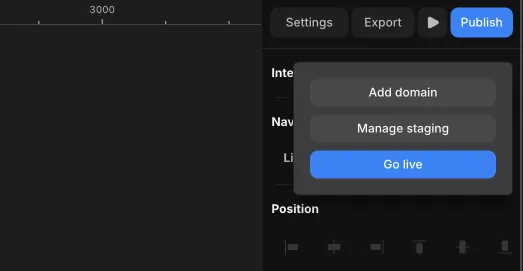 The Publish dropdown with Add domain, Manage staging, and Go live