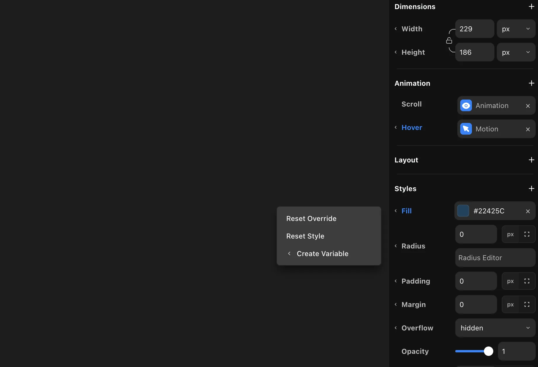 A property's right-click menu with Reset Override