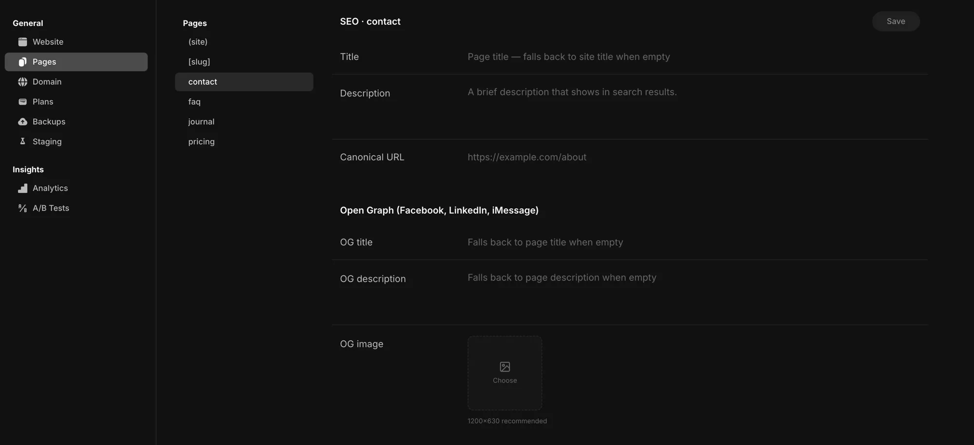 The per-page SEO settings — title, description, canonical URL, and Open Graph fields