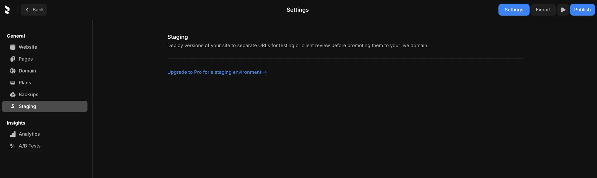 The Staging settings panel