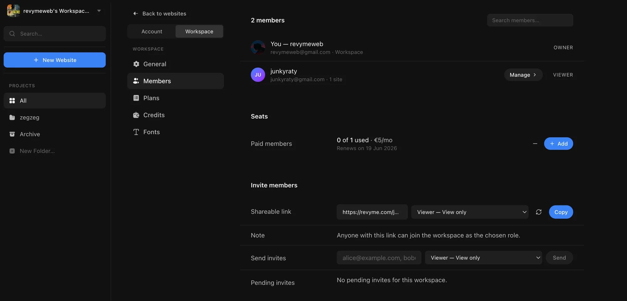 The Members settings — the member list with roles, the Seats section, and the invite controls