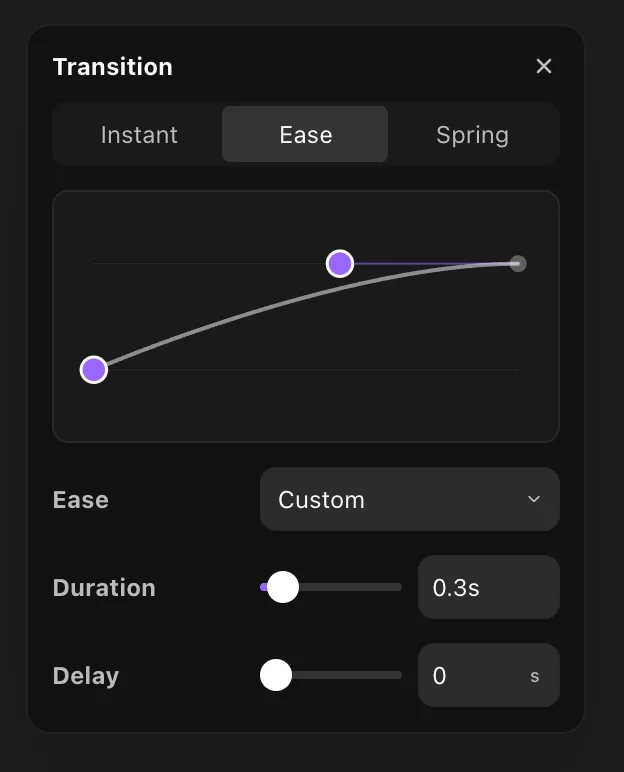 The Transition popup with Type and timing controls