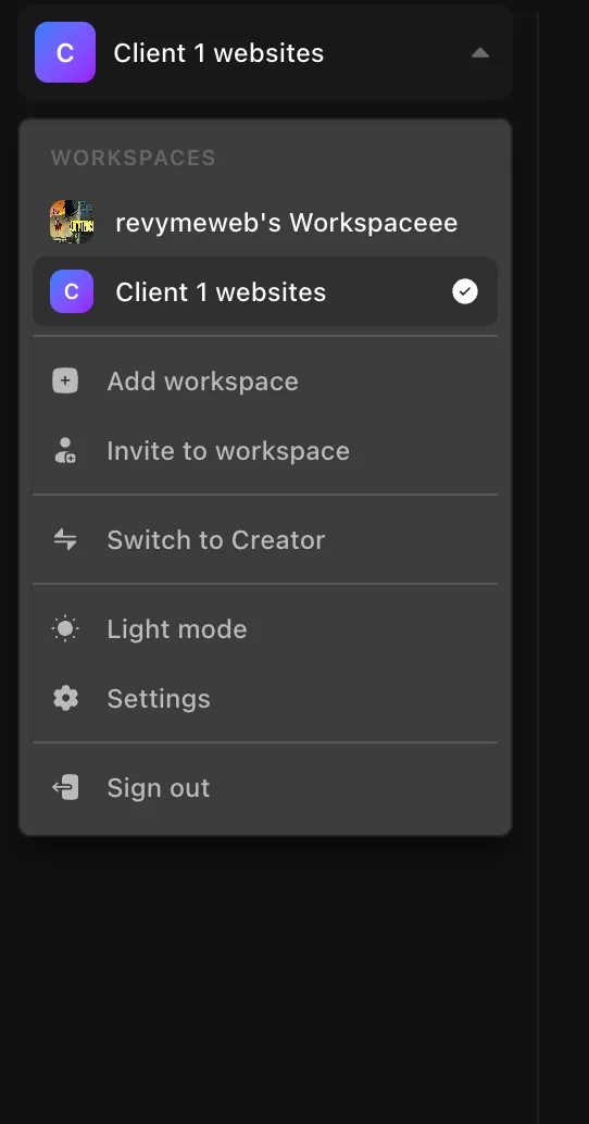 The workspace switcher — your workspaces, with Add workspace, Invite to workspace, and Switch to Creator