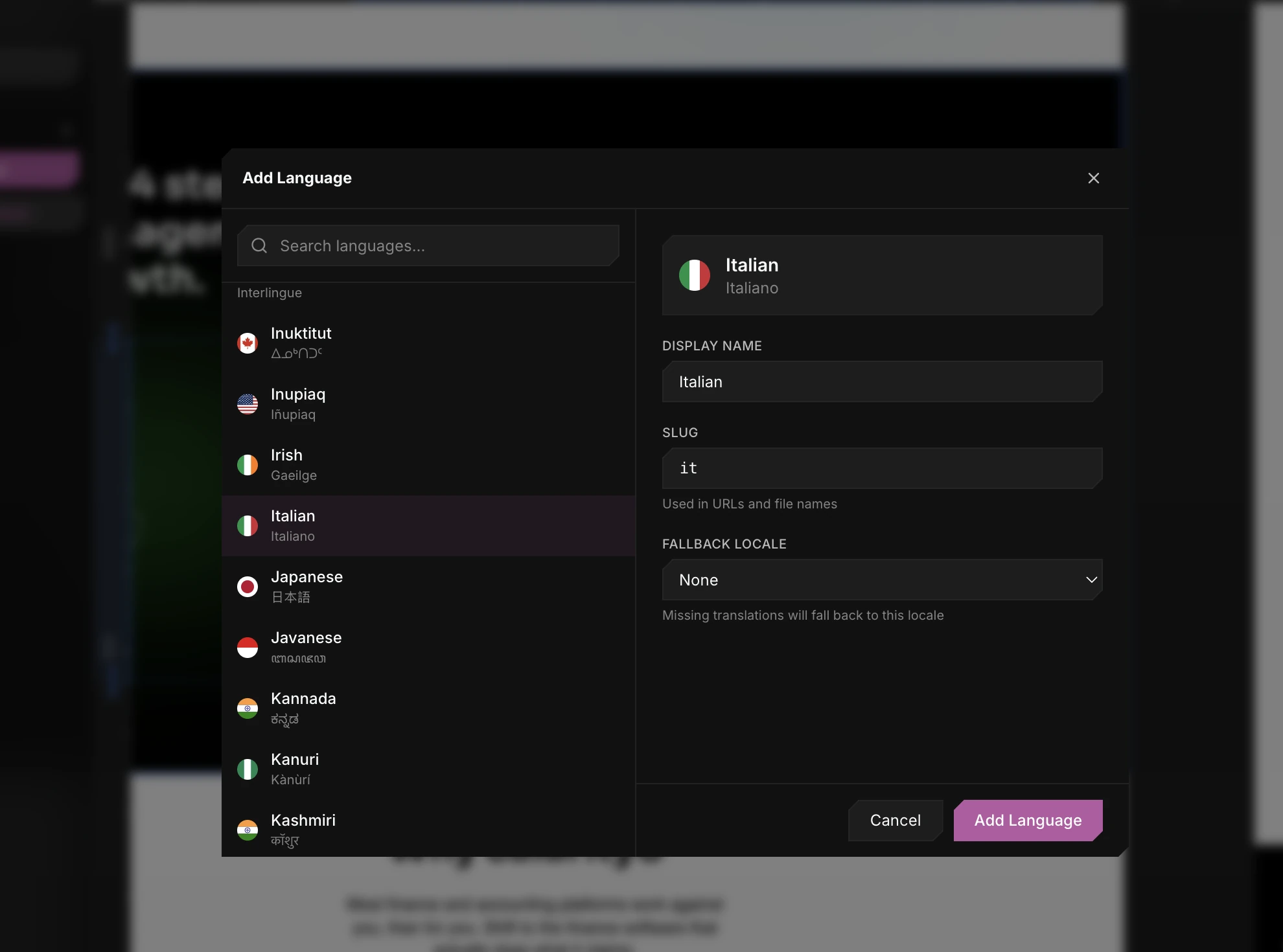 Add Language — locale search, slug, and fallback locale in the Revyme editor