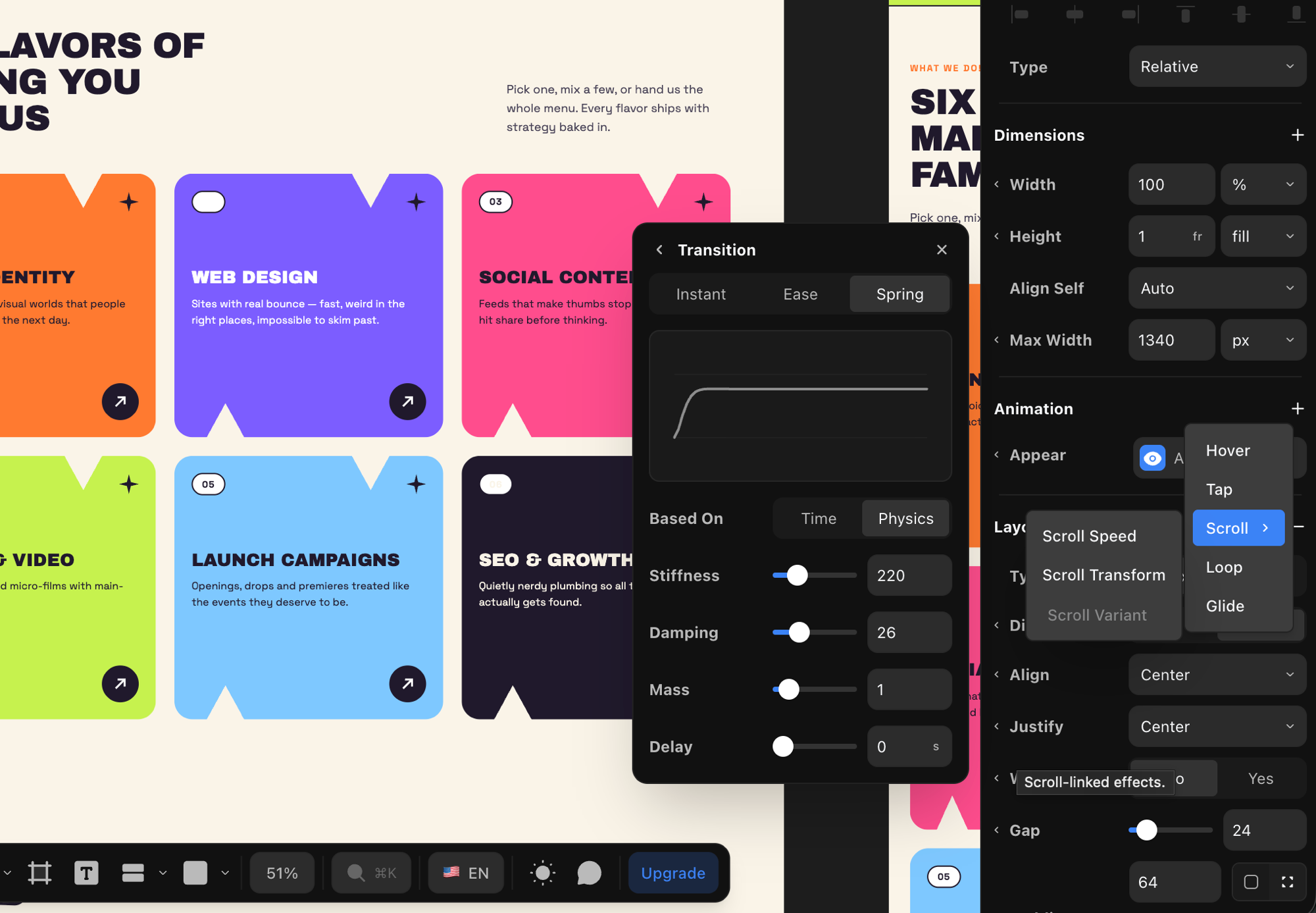 Spring transition editor — stiffness, damping, mass — and the Animation triggers menu in Revyme
