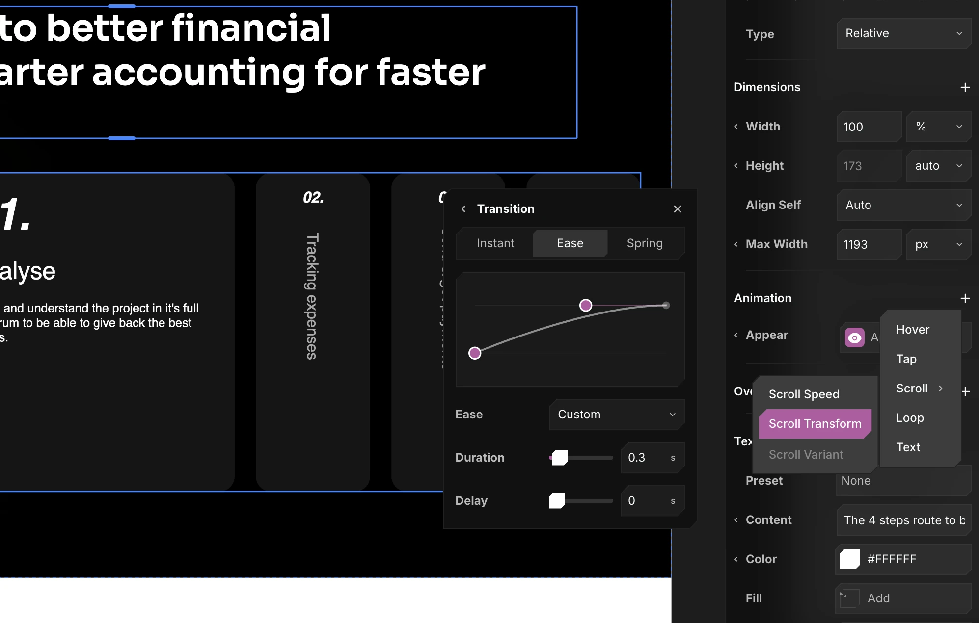 Transition editor — duration, bounce and delay — and the Animation triggers menu in Revyme